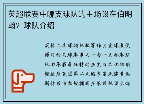 英超联赛中哪支球队的主场设在伯明翰？球队介绍
